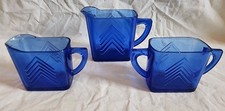 Hazel Atlas Cobalt Blue Chevron Depression Glass Pitcher Creamer and Sugar Set picture