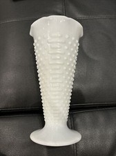 Vintage Anchor Hocking Glass White Milk Glass Vase Hobnail Bars Trumpet 9 1/2