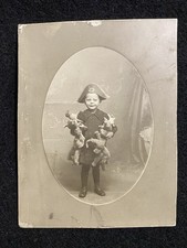 Cute Child With Hat And Stuffed Animal Toy Elephant Antique Cabinet Photo picture