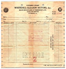 Vintage Original 1929 Whitehill Gleason Motors Inc. - Service Receipt Pittsburgh picture