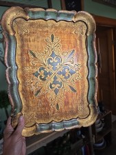 Large Vintage Italian Florentine Wood Serving Tray - Green and Gold Gilt picture