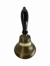 Antique Brass School Bell Ida King 1885 Mediapolis Iowa Wooden Handle Teacher picture