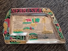 VINTAGE NEBRASKA Souvenir Metal Trinket Tray MAP Floral Corn Covered Wagon JAPAN picture