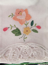 Vintage Hand Stitched Embroidered Pink and Yellow Floral Cotton Dinner Napkins picture