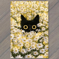 POSTCARD Cat Daisy Field Peek Big Eyes Flowers Meadow Summer Yellow White picture