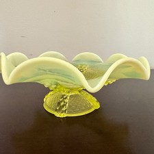 Vaseline Uranium Pearl Yellow Footed Bowl w/Scallop Opaque Edge Northwood Klonde picture
