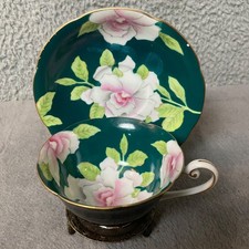 VTG Wako China Occupied Japan TeaCup & Saucer Blk Ext Dk Green Int Floral Pink picture
