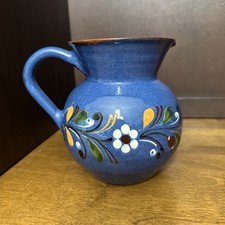 Art Pottery Pitcher Vase Hand Thrown & Painted Blue on Red Clay VTG Signed 6” picture