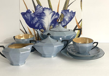 Victoria Czechoslovakia Art Deco Style Sky Blue Lusterware Tea Set of 9 pieces picture