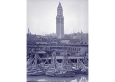 1924 Boston Harbor T-Wharf Italian Fishermen Custom House Glass Negative OOAK picture