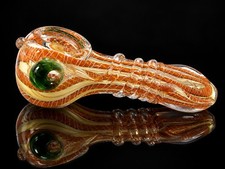 Orange Glass Tobacco Hand Pipe Flat Mouthpiece Green Grip Accents Textured picture
