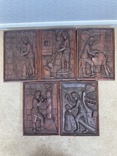 VTG Spanish Hand Carved Wood Medieval Trades Bas Relief Wall Plaques Set of 5 picture