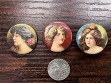 Lot Of 3 - TOBACCO CIGARETTE 1890s-1910 CELLULOID PINBACK BUTTON Victorian Girl picture