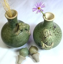 Ceramic, Bud Vase, 2 Pc Set, Dog and Person, Celedon, Rare, 5