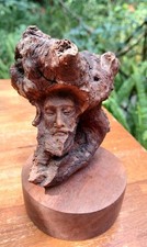 Vintage Wood Root Carving Green Man Face On Stand Florida Art Early Rick Cain? picture