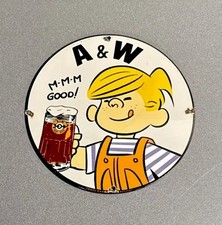 VINTAGE 12” A & W ROOT BEER DENNIS PORCELAIN SIGN CAR GAS TRUCK OIL MOTORCYCLE picture