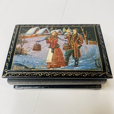 Vtg 1991 Fedoskino Russian Lacquer Box Peasant Lovers Scene Signed Black Red picture