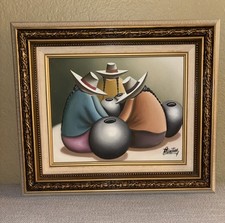 Vintage Andean Art Oil Painting w Ornate Gold Custom Frame Marcas Quintana 14.5