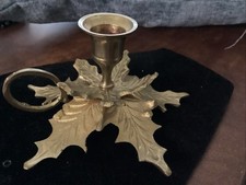Vintage Holly Leaf Solid Brass Candlestick Holder with Finger Loop Made in India picture