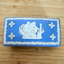 Vintage Wedgwood Blue Jasperware Rectangular Trinket Box Classical Scene 1966 picture