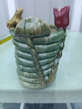 Vintage Majolica Style Frog & Tulip Ceramic Planter Bamboo Motif Green Pot Vtg picture