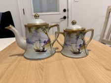 Antique Shofu Nagoya Nippon Hand-Painted Teapot and Sugar Bowl Set, Mt. Fuji Sce picture