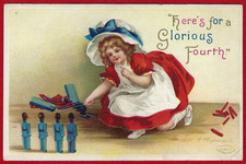 Vtg Clapsaddle 4th of July Little Girl Firecrackers Toy Soldiers A/S Emb PC 1910 picture
