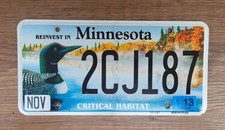 2013 Minnesota Critical Habitat LOON License Plate Tag  #2CJ187 **FREE Pick Up** picture