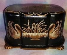 Vintage Castilian Imports Hinged Box Floral Swans Black Gold Decorative Storage picture