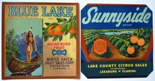 2 Vintage Florida Orange Crate Labels Blue Lake Sunnyside 1930s-40s Original picture
