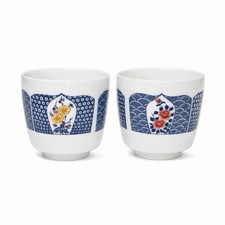 Hyakusen Kai Vintage Japanese Porcelain Yunomi Tea Cups Set of 2 Blue & White picture