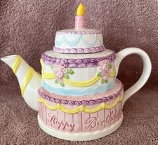 Lillian Vernon Vintage Ceramic 9.5 inch Teapot Happy Birthday Layer Cake picture