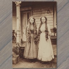 POSTCARD Two Women Long Hair Sepia Edwardian Dresses Rustic Porch Farmhouse picture