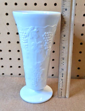 Vintage Indiana Milk Glass Footed Vase, Colony Harvest Grape Design 7.5