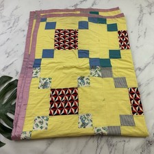 Vintage Handmade Quilt Blanket Yellow Pink Square Blocks 56x78 in Throw Flannel picture