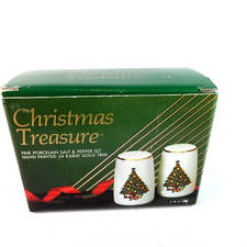 Vintage Christmas Tree White Porcelain Salt & Pepper Shakers Japan 1990 NOS Box picture