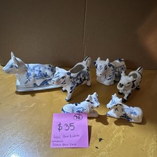 6pc Blue & White Delft Style Ceramic Cow Figurines, Creamers, Lidded Cow (#76) picture