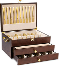 Silverware Storage Box, 3-Layer Flatware Storage Case with Drawer, Wooden Silver picture