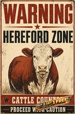 Warning Hereford Cow Sign Humorous Farm Yard Pasture Security Metal Plaque picture