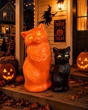 Blow Mold Plastic Halloween Black Orange Cats Bank Scary Yellow Eyes PAIR picture