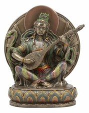 Hindu Goddess of Music Saraswati Sitting on Throne Religious Figurine Statue picture