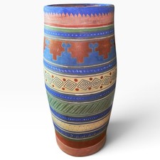 Vintage 11.5” Tall Tlaquepaque Mexican Pottery Vase Opaque Polychrome Stripes picture