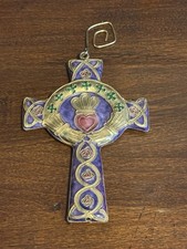 Purple and Gold Enamel Cloisonné Irish Claddagh Celtic Cross Hanging Ornament picture