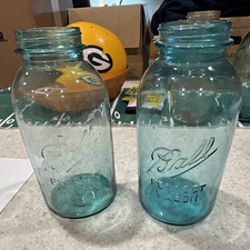 2 Antique Aqua Blue Ball Perfect Mason Jar Half Gallon - 1920s Vintage Wavy picture