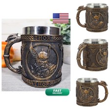 Ebros Gift Thor Viking Tankard Beer Stein Resin Cup Stainless Steel Liner picture