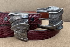 Vintage Aged Patina Sterling Silver 3 Pc Ranger Belt Buckle Set & Lizard Belt picture