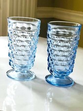 Set of 8 Light Blue Indiana Colony Whitehall Footed Tumblers Glass Cubist 6