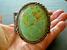 HUGE HEAVY MALONEY Native American Navajo Green Turquoise Sterli Silver Bracelet picture