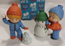 VTG Enesco Country Cousins E-6592 Winter Set Snowman & Snowball Figurines picture
