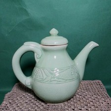 Vintage Baan Celadon Thai Celadon Pottery Teapot Fish Koi Handmade Crackle Glaze picture